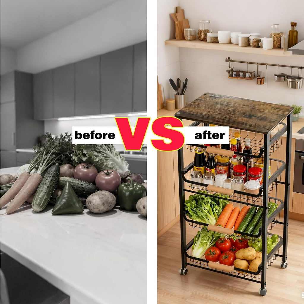 5-Tier Utility Kitchen Cart Storage with Pull-Out Baskets and Wood Top,Heavy Duty Multi Rolling Pantry Kitchen Cart on Wheels for Fruit Potato Onion Vegetable Snack Produce,Black