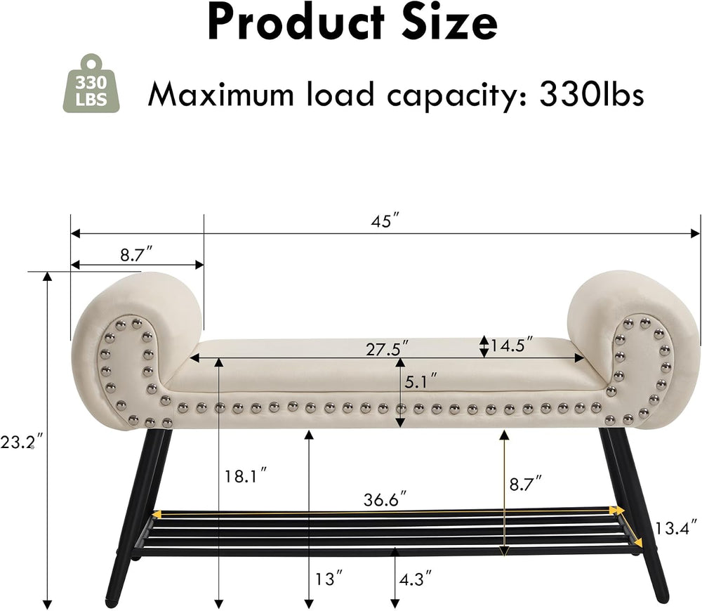 45" Entryway Bench with Shoe Storage，Modern Bedroom Velvet Fabric Uphols...