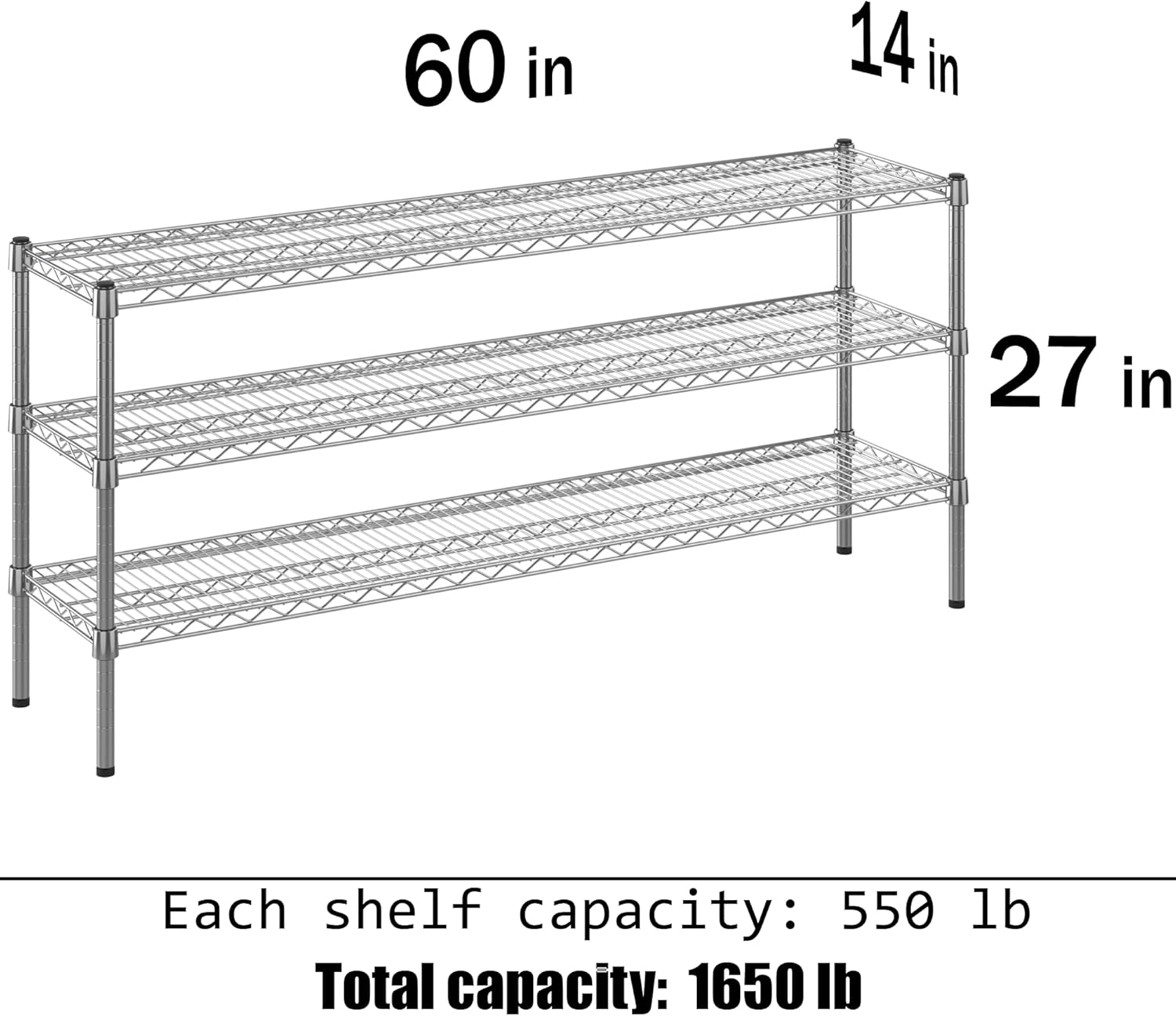 14" Deep x 60" Wide x 27" Height Wire Shelving Kit | 3-Tier | NSF Commercial Storage Rack Unit