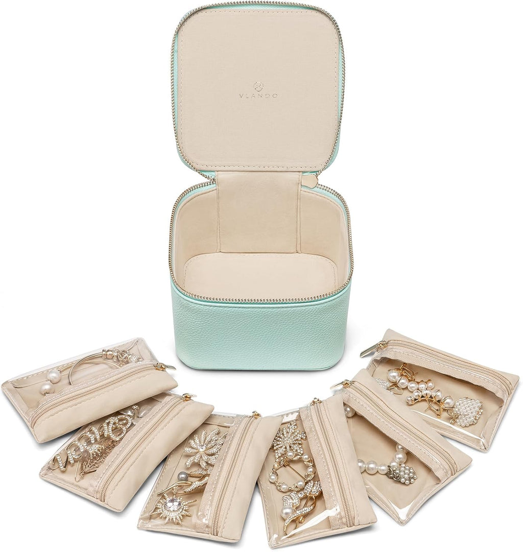 Vlando Travel Jewelry Box for Women Faux Leather Jewelry Box with 6 Velvet Jewelry Zipper Pockets Earrings Necklace Rings Storage Boxes Christmas Gift for Mom Wife(Lake Blue)