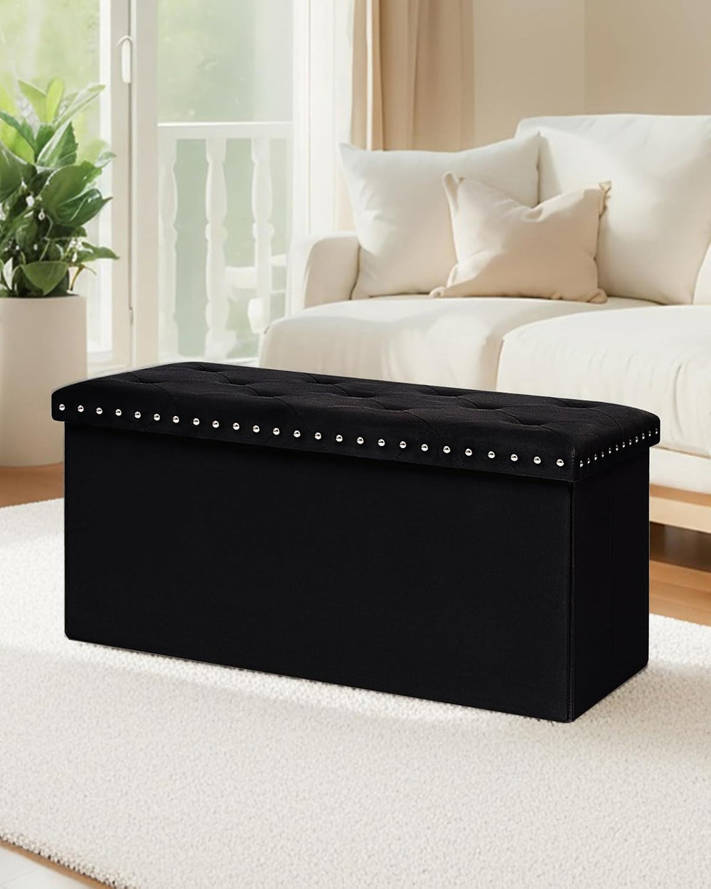B FSOBEIIALEO Storage Ottoman Bench, 30" Velvet Ottoman with Storage, Bl...