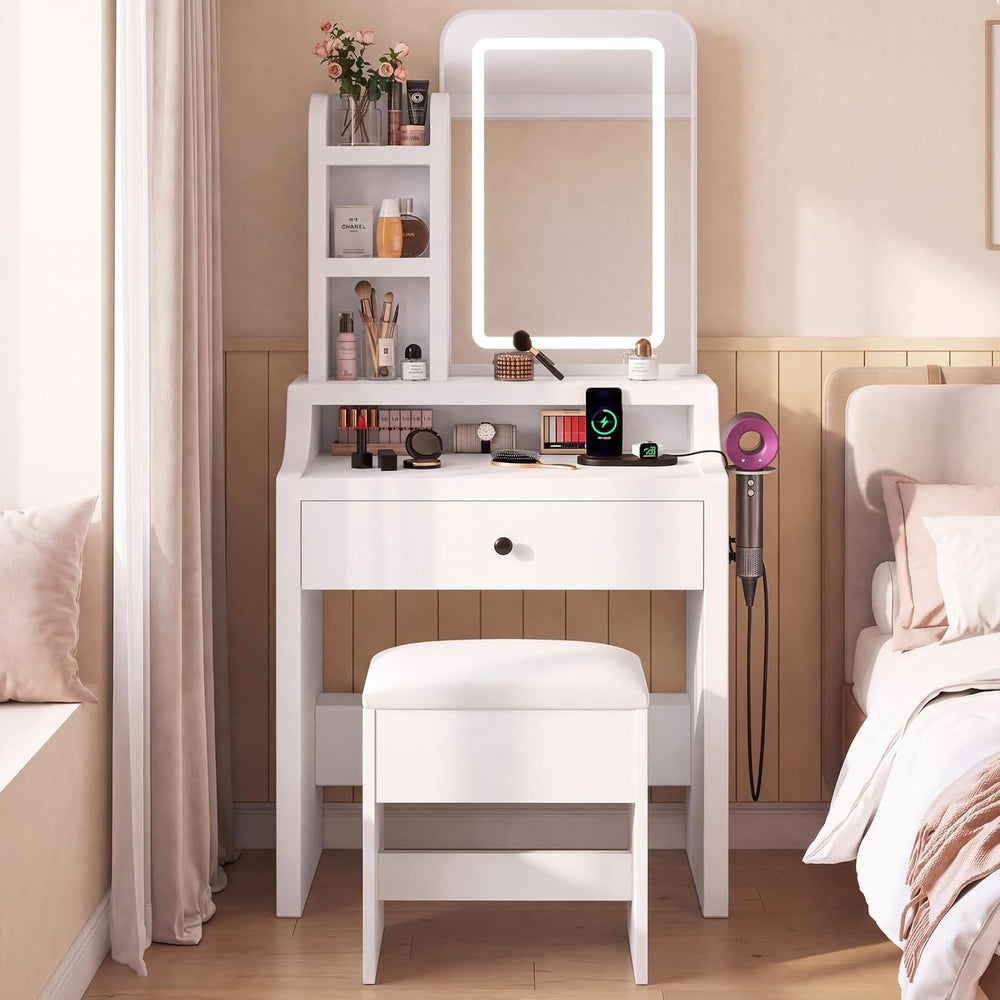 Small Vanity Desk with LED Light Mirror and Storage Bench, White | Small Vani...