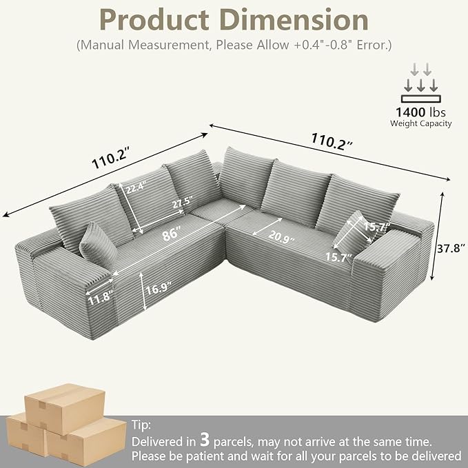 Sectional Cloud Couch for Living Room, Modern Modular Floor Deep-Seat Sofa, Upholstered L Shaped Sofas, Big Comfy Corduroy Couches Set for Living Room Bedroom, No Assembly Required, Grey