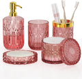 New Pink Bathroom Accessories Set, 5 Pcs Clear Glass Bathroom Accessories Sets with Lotion Soap Dispenser, Soap Dish, Toothbrush Holder, Bathroom Tumbler, Cotton Swab Jars, Perfect for Bathroom Decor