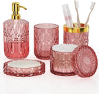 New Pink Bathroom Accessories Set, 5 Pcs Clear Glass Bathroom Accessories Sets with Lotion Soap Dispenser, Soap Dish, Toothbrush Holder, Bathroom Tumbler, Cotton Swab Jars, Perfect for Bathroom Decor