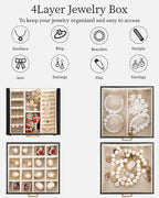 TORIBIO Jewelry Box for Women, Leather Jewelry Organizer with Mirror & Lock, 4-Tier Jewelry Storage Organizer with 3 Drawers for Girls/Women/Mothers, Necklace Earring Bracelets Holder Organizer