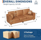Faux Leather Couch with 2 Throw Pillows, Sofa Couches for Living Room, 3 Seater Sofa with Wide Armrests, Wood Legs, Deep Seats, Back Cushion, Sturdy Support Feet, for Office, Living Room, Brown