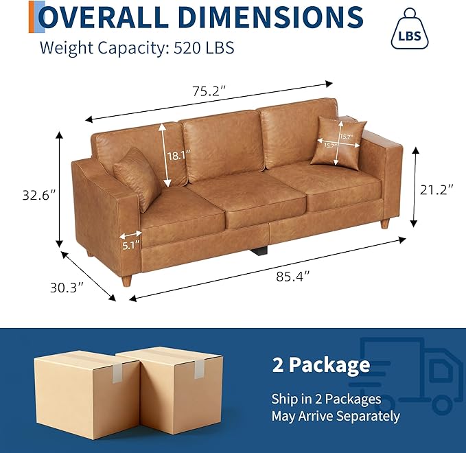 Faux Leather Couch with 2 Throw Pillows, Sofa Couches for Living Room, 3 Seater Sofa with Wide Armrests, Wood Legs, Deep Seats, Back Cushion, Sturdy Support Feet, for Office, Living Room, Brown