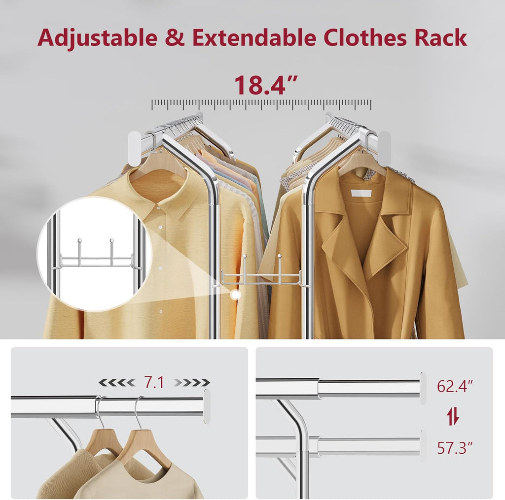 Tajsoon Double Rod Clothes Rack 480 LBS, Heavy Duty Clothing Rack with Wheels, Collapsible Clothes Rack for Hanging Clothes, Commercial Rolling Garment Rack with Shelf, Chrome