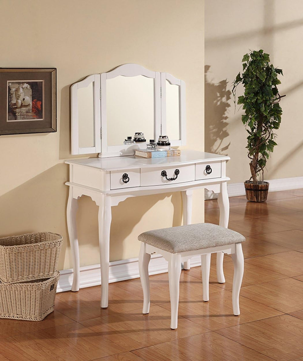 Poundex PDEX-F4094 Bobkona Susana Tri-Fold Mirror Vanity Table with Stool Set...