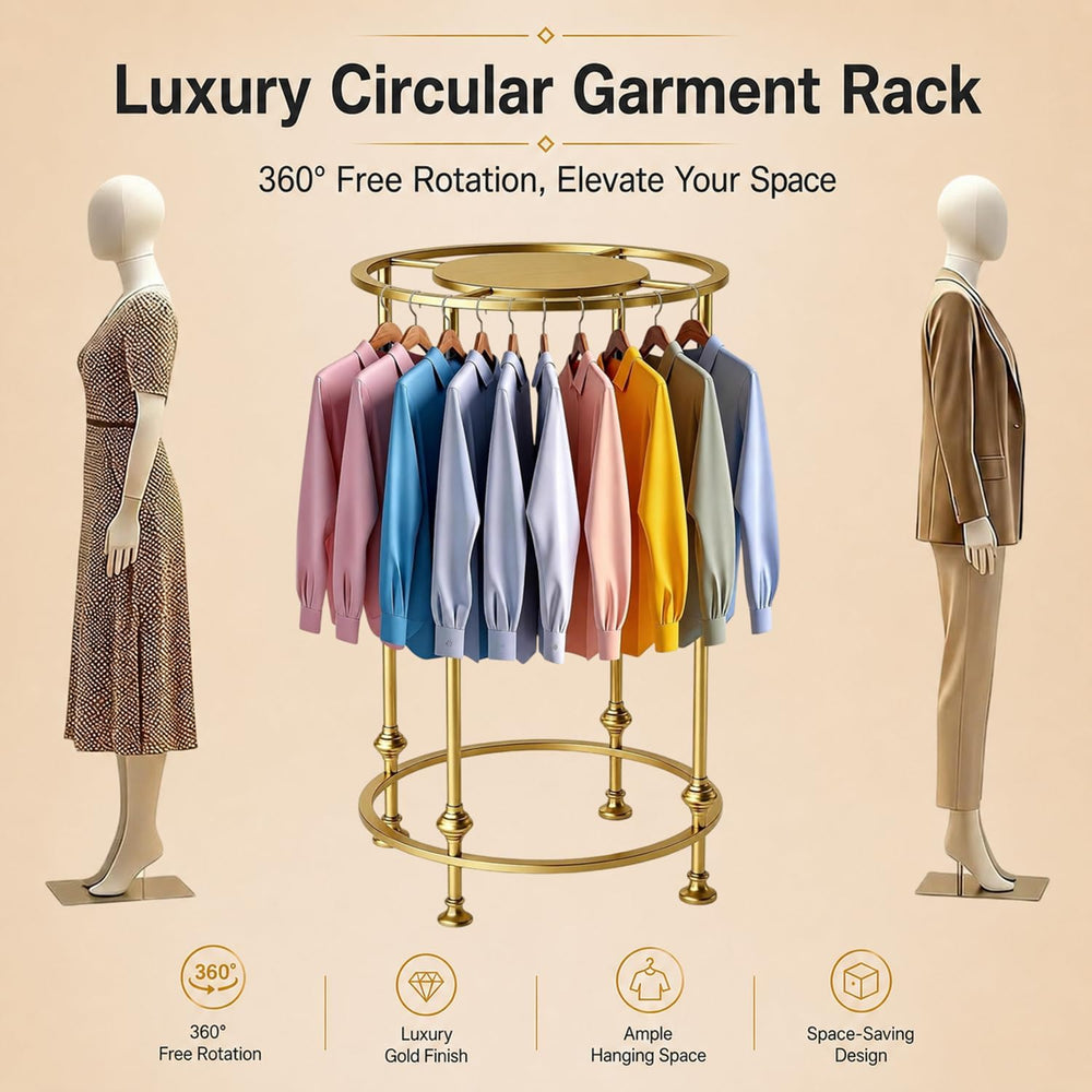 Round Garment Rack for Retail Display - Heavy Duty Metal Clothing Rack Gold