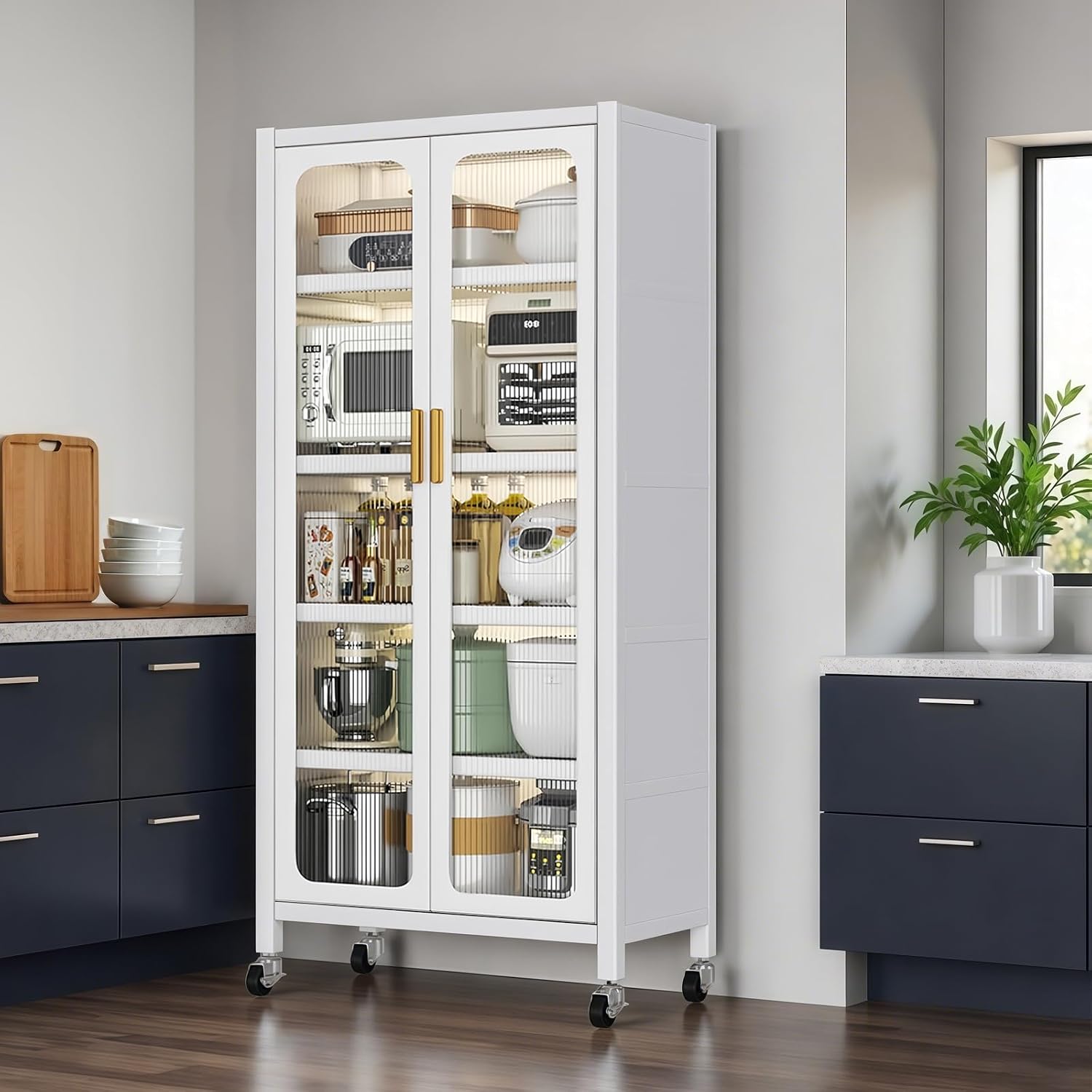 65'' Tall Kitchen Pantry Cabinet with Doors, White Storage Cabinet with Adjustable Shelves & Wheels, Metal Pantry Cabinets for Kitchen Storage Dining Room, Easy Assembly (White)