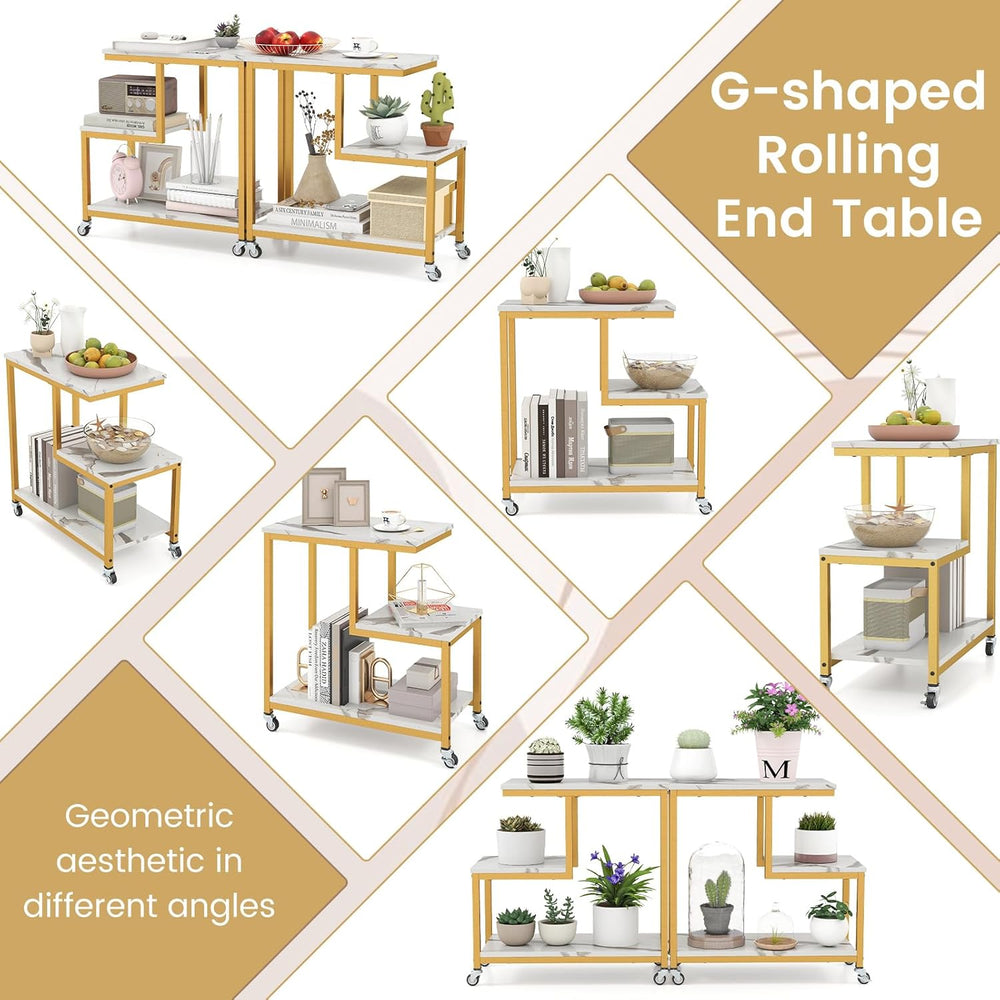 Giantex 3-Tier Side Table with Wheels, G-Shaped Mobile End Table with Open Sh...