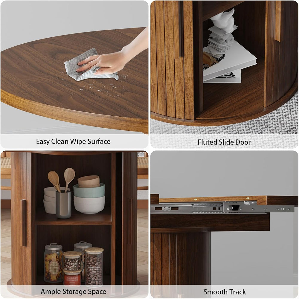 Expandable Dining Table,Round Wooden Kitchen Table,Double Layered Storage Spa...