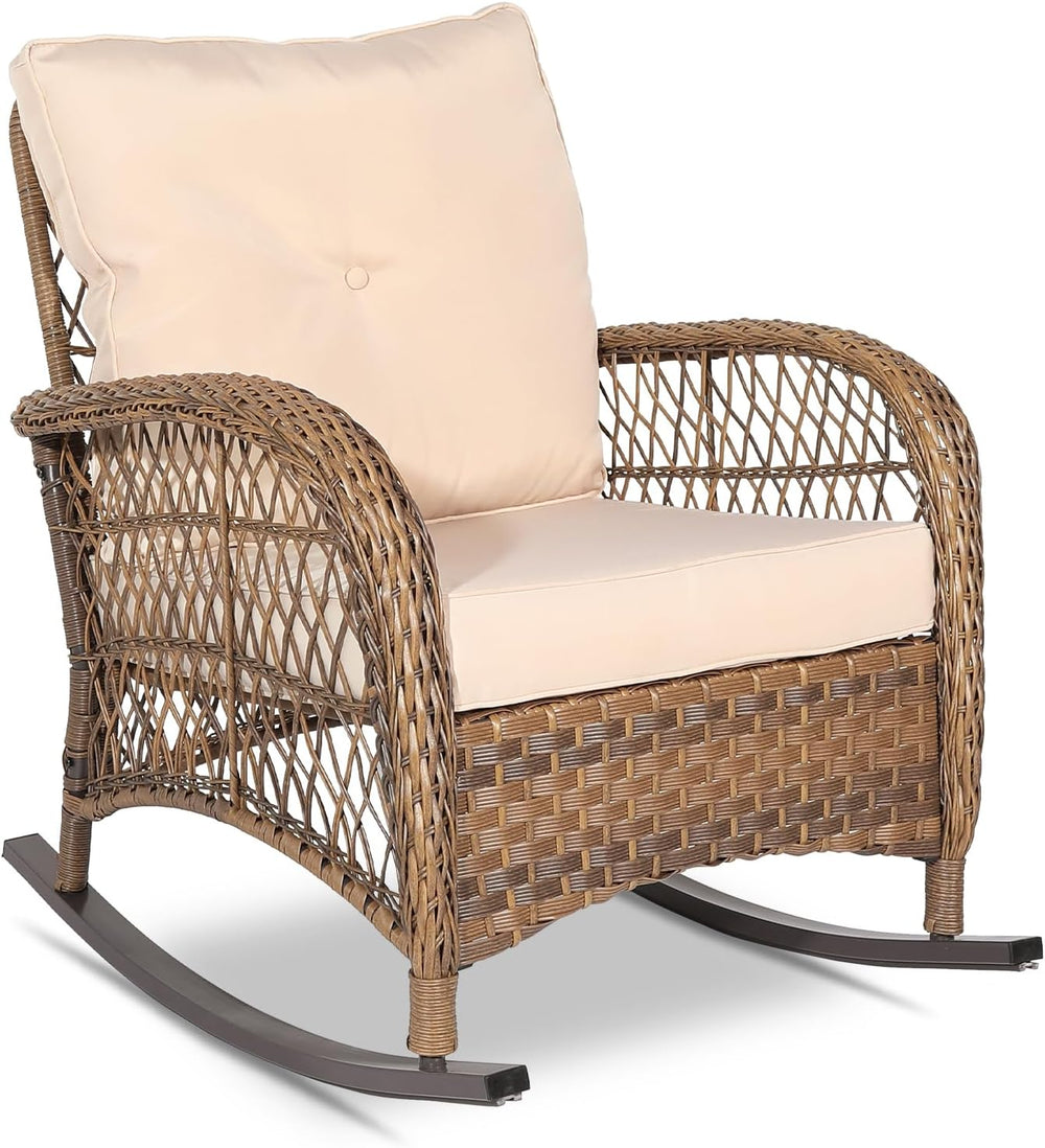 VIVIJASON Outdoor Wicker Rocking Chair, Patio Rattan Rocker Chair with Cushio...