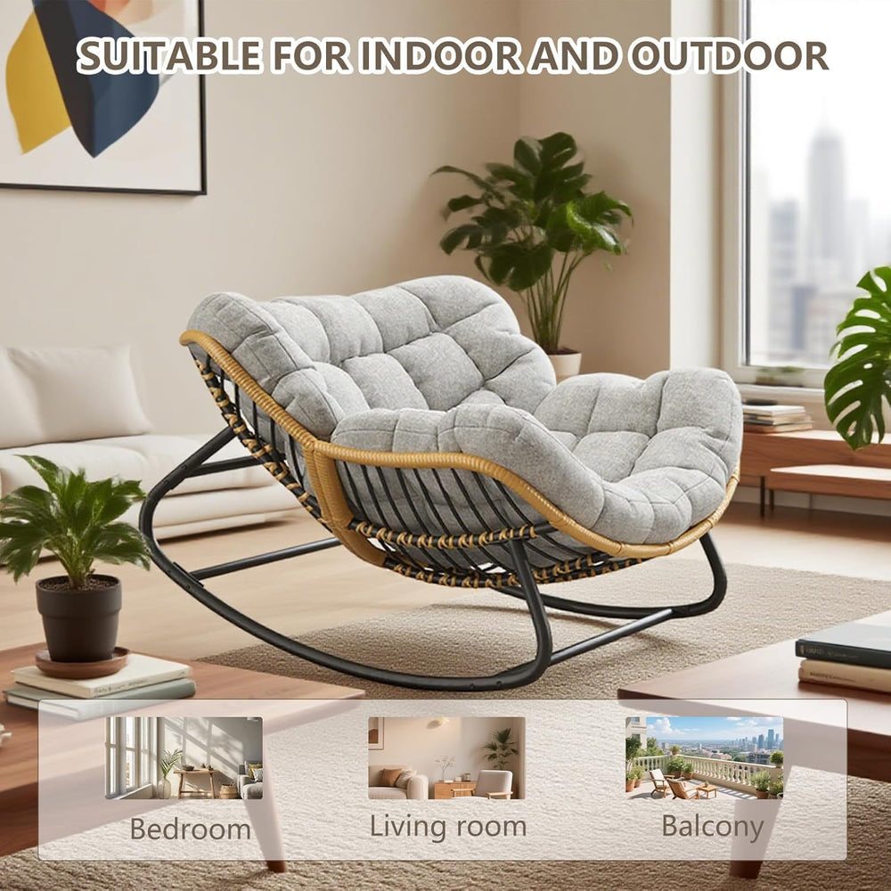 Papasan Rocking Chair with Comfy Thick Cushion, Oversized Outdoor Rocking Cha...