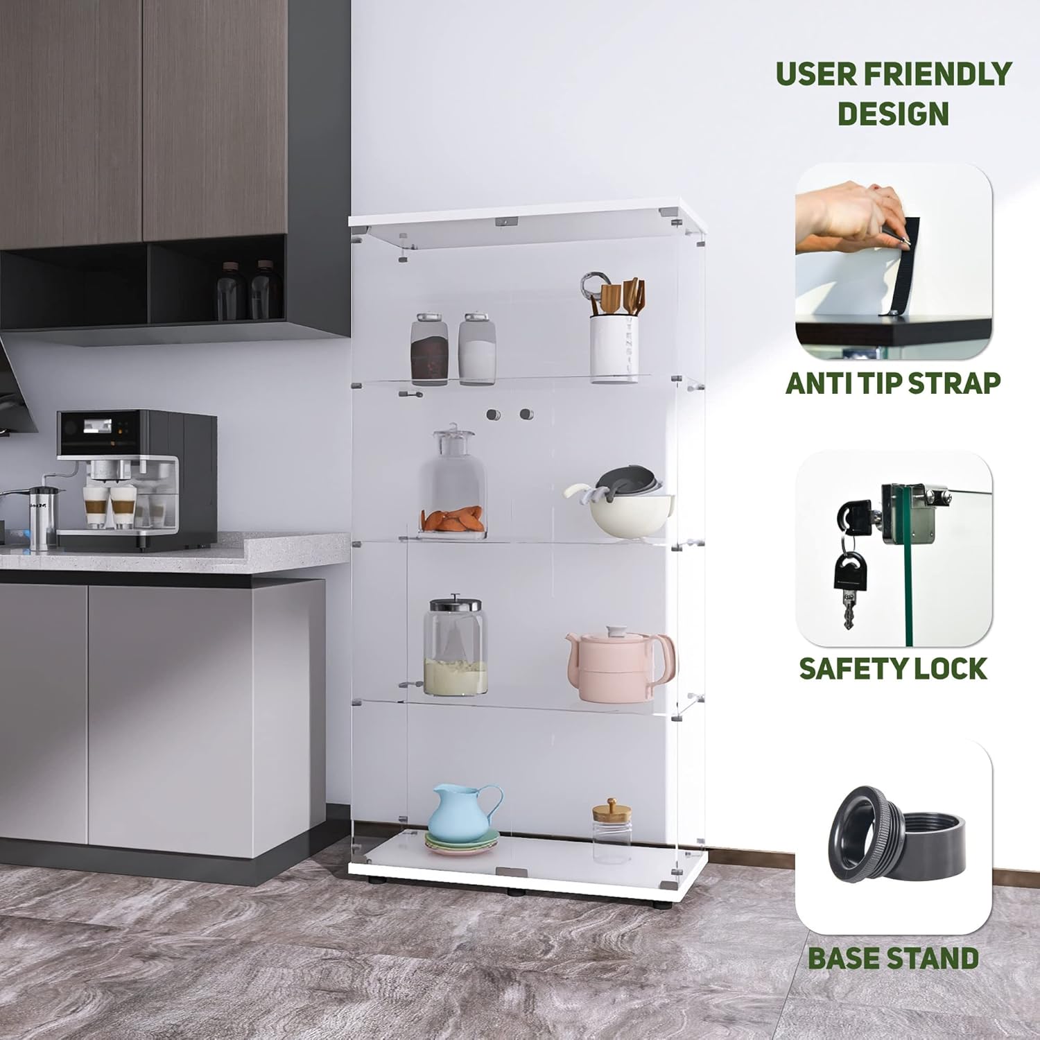 Beauty4U Glass Display Cabinet with 4 Shelves, 2 Doors Curio Cabinets for Living Room, Bedroom, Office, White Floor Standing Glass Bookshelf, Quick Installation