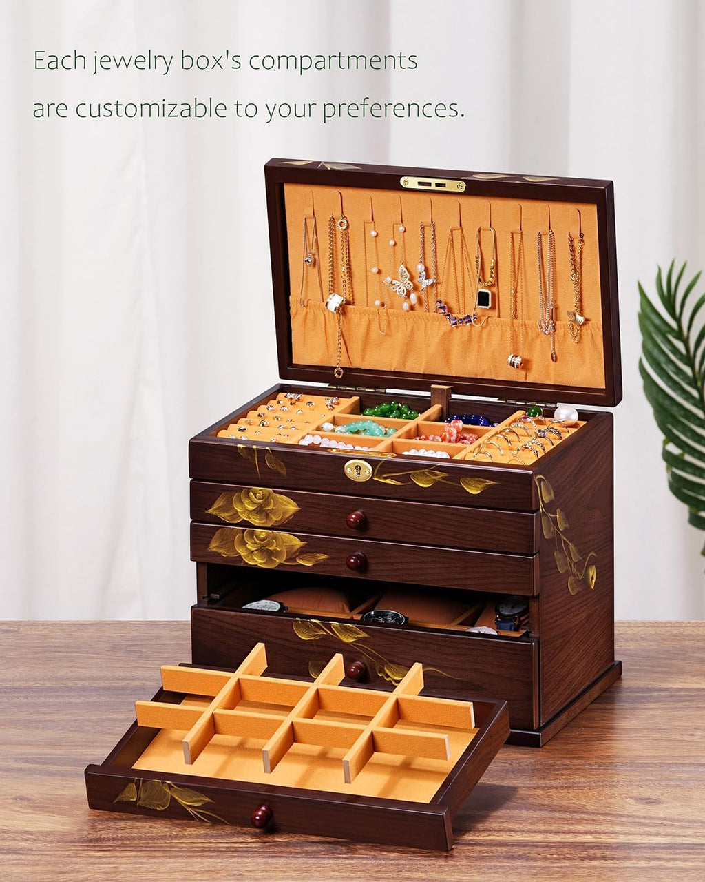 Hand-drawn rose Jewelry Box Wood for Wowen,6-Layer Wooden Jewelry Organizer Boxes with 4 Drawers dresser, Vintage Multi-functional Jewelry Storage Case with lock