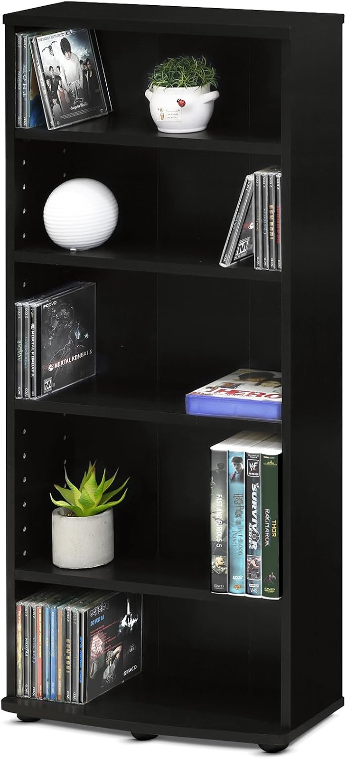 5-Tier Open Shelf CD Rack, DVD Storage Cabinets with Adjustable Shelves, Easy Assembly DVD Shelf, Media Shelf for CD Blueray Game Disc, for Home Office, Living Room, Espresso