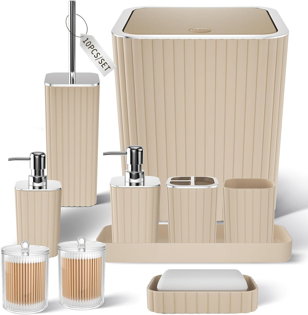 Bathroom Accessories Set - Gorgeous Beige Bathroom Set, 10PC Bathroom Accessory Set, Toilet Brush, Trash Can & Soap Dispenser