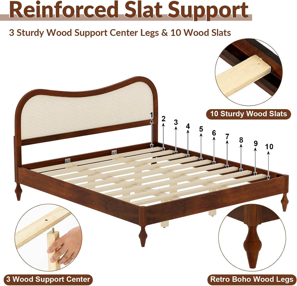 King Size Boho Platform Bed Frame with Curved Rattan Headboard