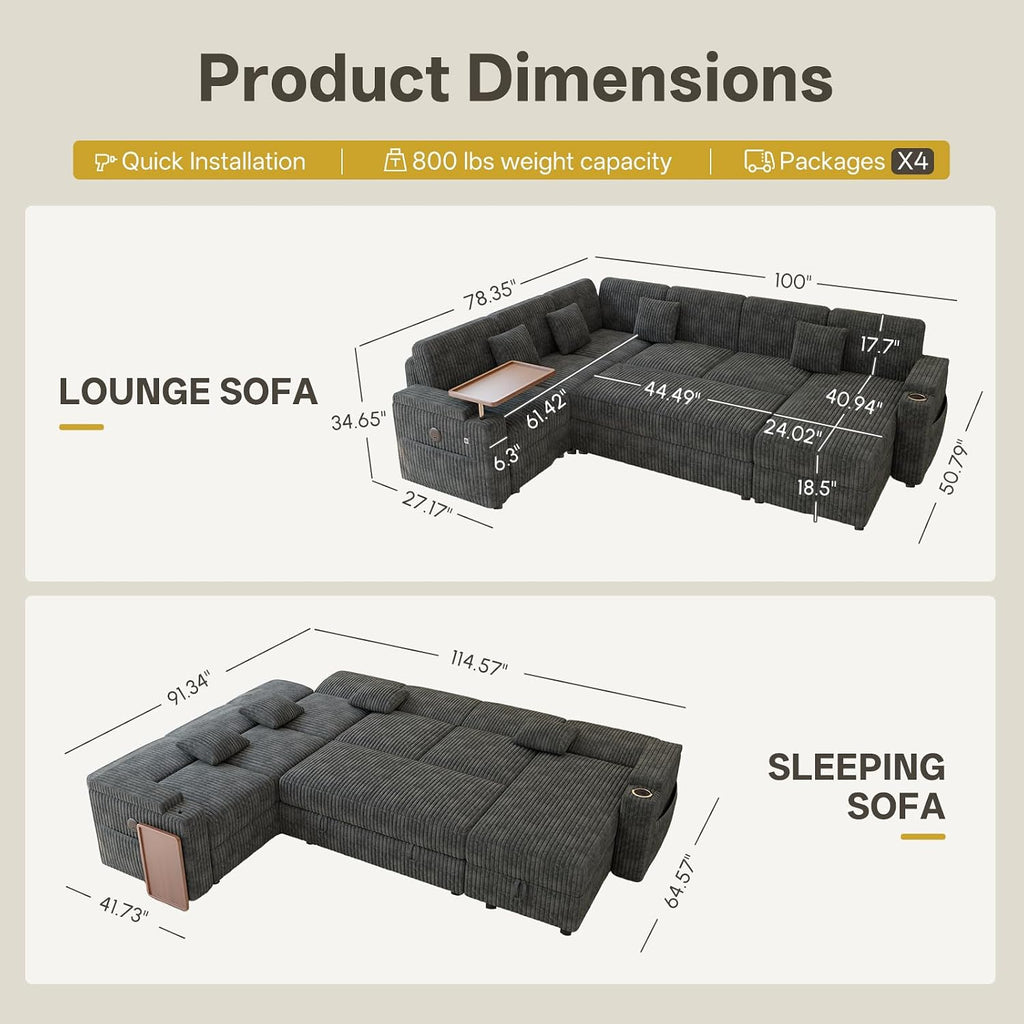 100" Modular Sectional Sleeper Sofa with Pull Out Bed, 7 Seat Corduroy U Shaped Couch with Storage Chaise|Reclining Backrest|Side Table|USB Port, Cloud Sectional Couches for Living Room, Dark Grey