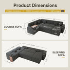 100" Modular Sectional Sleeper Sofa with Pull Out Bed, 7 Seat Corduroy U Shaped Couch with Storage Chaise|Reclining Backrest|Side Table|USB Port, Cloud Sectional Couches for Living Room, Dark Grey