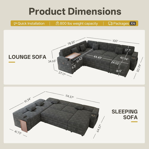 100" Modular Sectional Sleeper Sofa with Pull Out Bed, 7 Seat Corduroy U Shaped Couch with Storage Chaise|Reclining Backrest|Side Table|USB Port, Cloud Sectional Couches for Living Room, Dark Grey