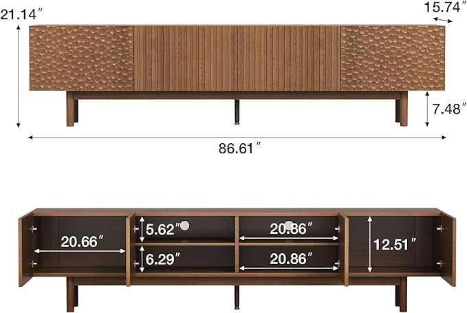 86.61" Mid-Century Modern TV Stand, Walnut Entertainment Center for TVs Up to 85", Media Console with 4 Doors & Large Storage, Sturdy Wooden Legs & Cable Management for Living Room