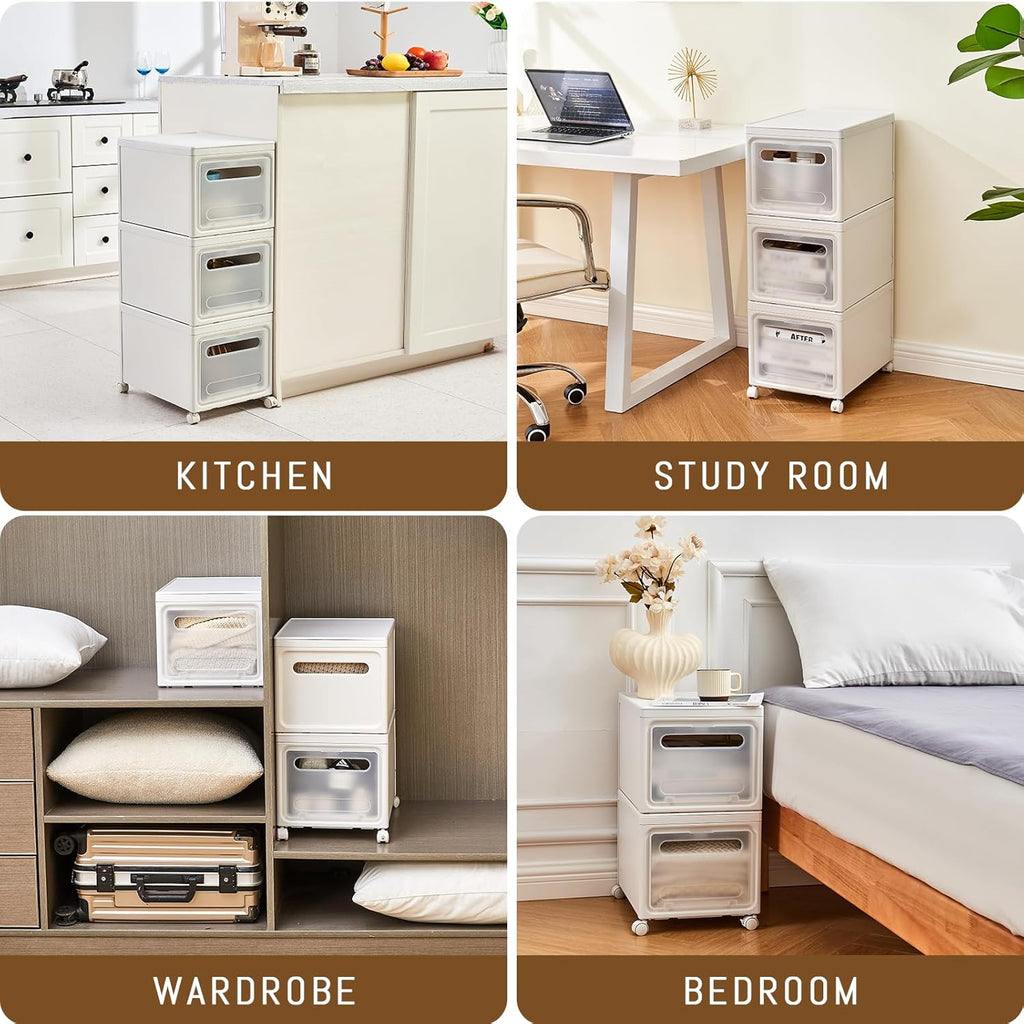 Shoe Box Shoe Storage Box Shoe Storage Organizer ，Under Bed Shoe Storage， With Wheels Stackable (White, 3 Pack)
