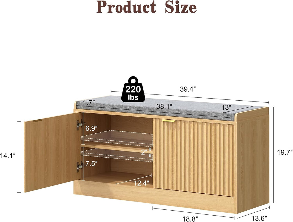 Fluted Shoe Storage Bench with Cushion, 2-Tier Entryway Shoe Bench with Adjus...