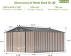 Patiowell 10 x 12 FT Metal Storage Shed for Outdoor, Steel Yard Shed with Design of Lockable Doors, Utility and Tool Storage for Garden, Backyard, Patio, Outside use,Brown