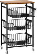 4-Tier Small Kitchen Storage Cart on Wheels, Metal Fruit Basket Stand with Pull-Out Baskets & Wood Top for Potato Onion Produce Snack Veggies