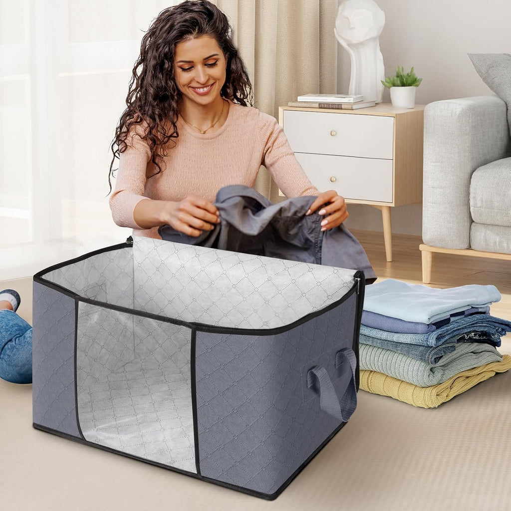 Large Clothes Storage Bags 8 Pack, Foldable Closet Organizers with Durable Breathable Fabric & Clear Window for Blankets, Comforters, Pillows, Bed Sheets, Toys & Seasonal Clothing (Gray)