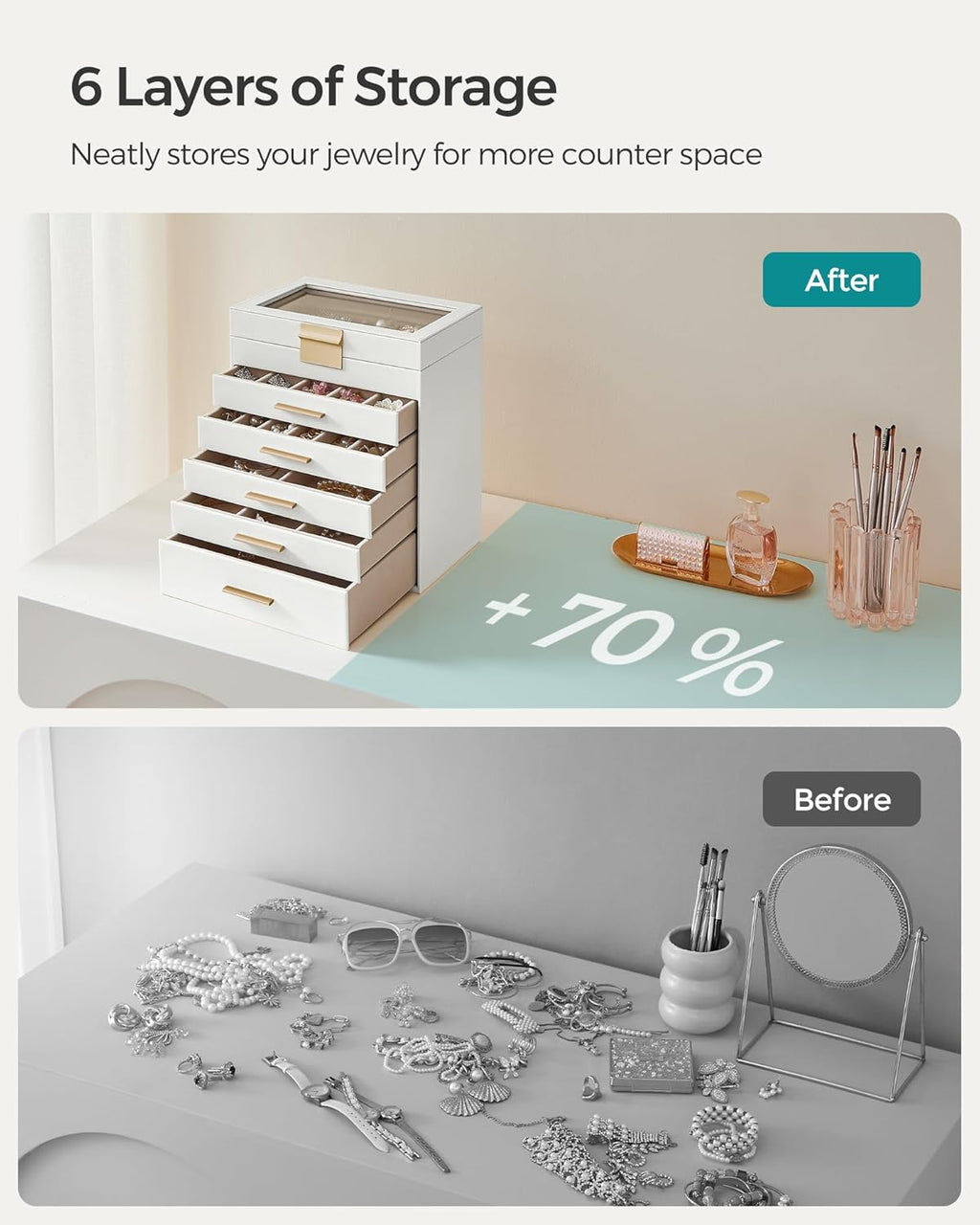 SONGMICS Jewelry Box Organizer with Glass Lid, 6-Layer Jewelry Storage, with 5 Drawers, Modern Style, Christmas Gift, 6.4 x 9.9 x 11.4 Inches, Cloud White and Gold Color UJBC171W01