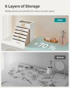 SONGMICS Jewelry Box Organizer with Glass Lid, 6-Layer Jewelry Storage, with 5 Drawers, Modern Style, Christmas Gift, 6.4 x 9.9 x 11.4 Inches, Cloud White and Gold Color UJBC171W01