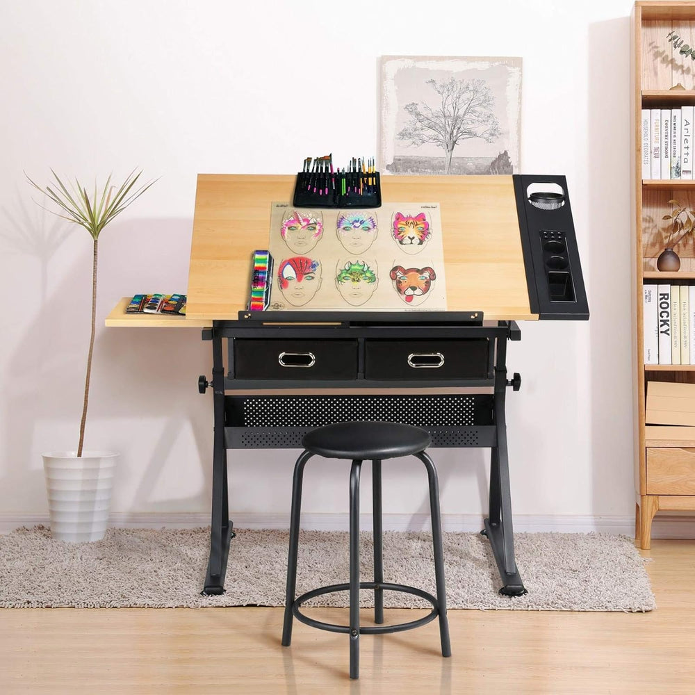 Yaheetech Adjustable Drafting Table Art Desk, Storage Drawers & Stool, Wo...