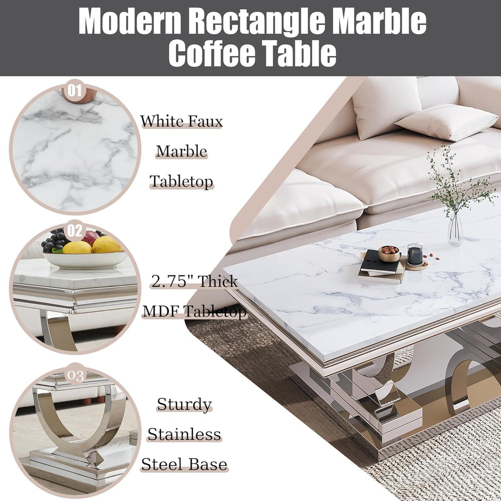 Marble Coffee Table Set of 3, Includes 1 Coffee Table with 2 Square End Side ...