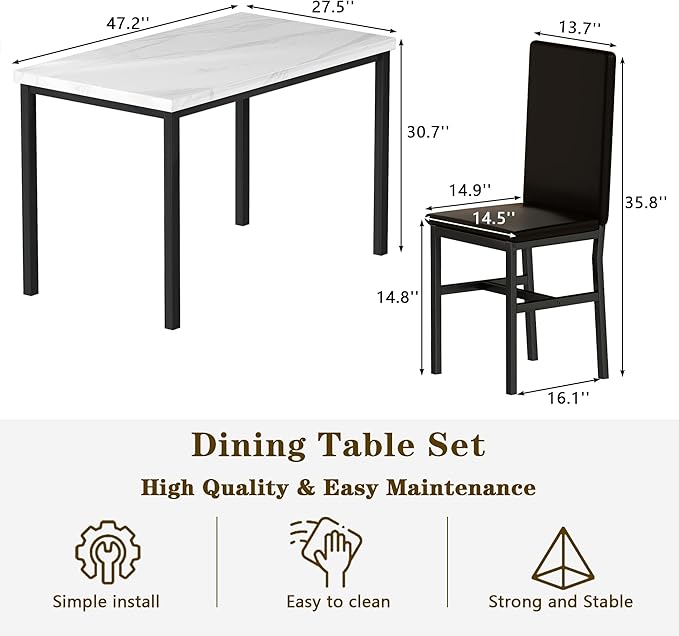Hooseng Dining Table Set for 4, Modern Faux Marble Kitchen Table with 4 PU Leather Chairs, 5 Piece Dining Room Sets for Dinette, Breakfast Nook, Black