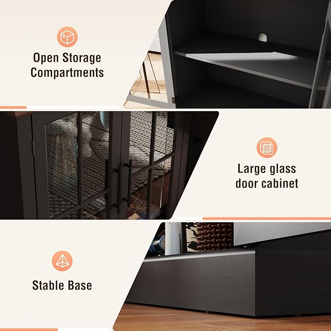 98" Farmhouse TV Stand with 36" Fireplace for TVs up to 100", Media Entertainment Center with Adjustable Shelves and Large Storage Cabinets, for Living Room, Black & Black