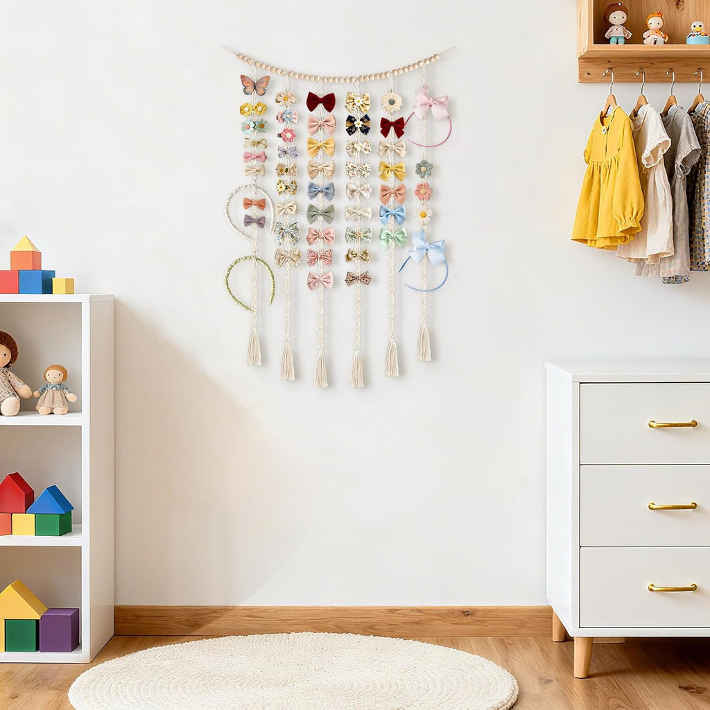 Dahey Macrame Bow Holder Hanging Hair Bow Organizer for Baby Girls Boho Wall Decor Handmade Headband Holder with wood beads Storage Hair Clips for Baby Nursery Room,1 PCS, Clips and Bows Not Included