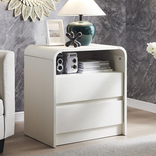 25" Tall Modern Nightstand Set of 2, 23.6'' Wide Wood Bedside Table w/2 Storage Drawers, Charging Station, Mid Century End Table for Bedroom, Living Room,Curved Profile Design, Antique White