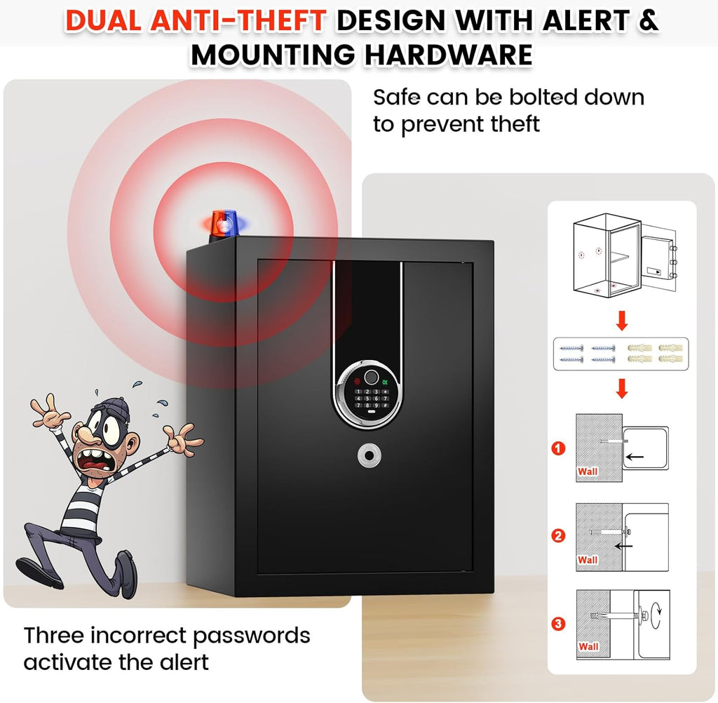 1.3 Cuft Biometric Safe Box, Fire Proof Safe For Home Documents with Fingerprint Lock, Combination Keypad Keys, Anti-Theft Dual Alert, Mute Mode, Digital Security Personal Safes for Money Jewelry