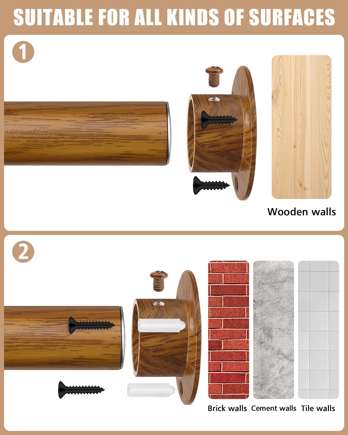 Closet Rods for Hanging Clothes, 17-52 Inch Heavy Duty and Stepless Adjustable Closet Poles, Stainless Steel Closet Hanging Rod for Wardrobes, Laundry Room, Bathroom, RV (Wood-Grain Finish)