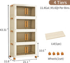 Plastic Stackable Storage Bins with Lids and Wheels, Foldable Closet Organizers and Storage Containers, Collapsible Clear Drawer Storage Cabinet with Doors Ivory White 182.4 QT