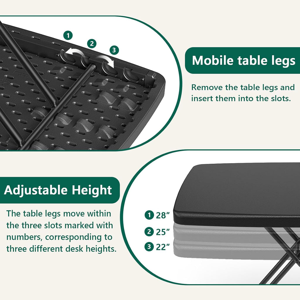 Folding Table 30 Inch - Small Desk Adjustable Height TV Tray for Laptop, Couch, Camping - Heavy Duty Utility Foldable Table for Small Spaces, No Assembly Required, Black Granite