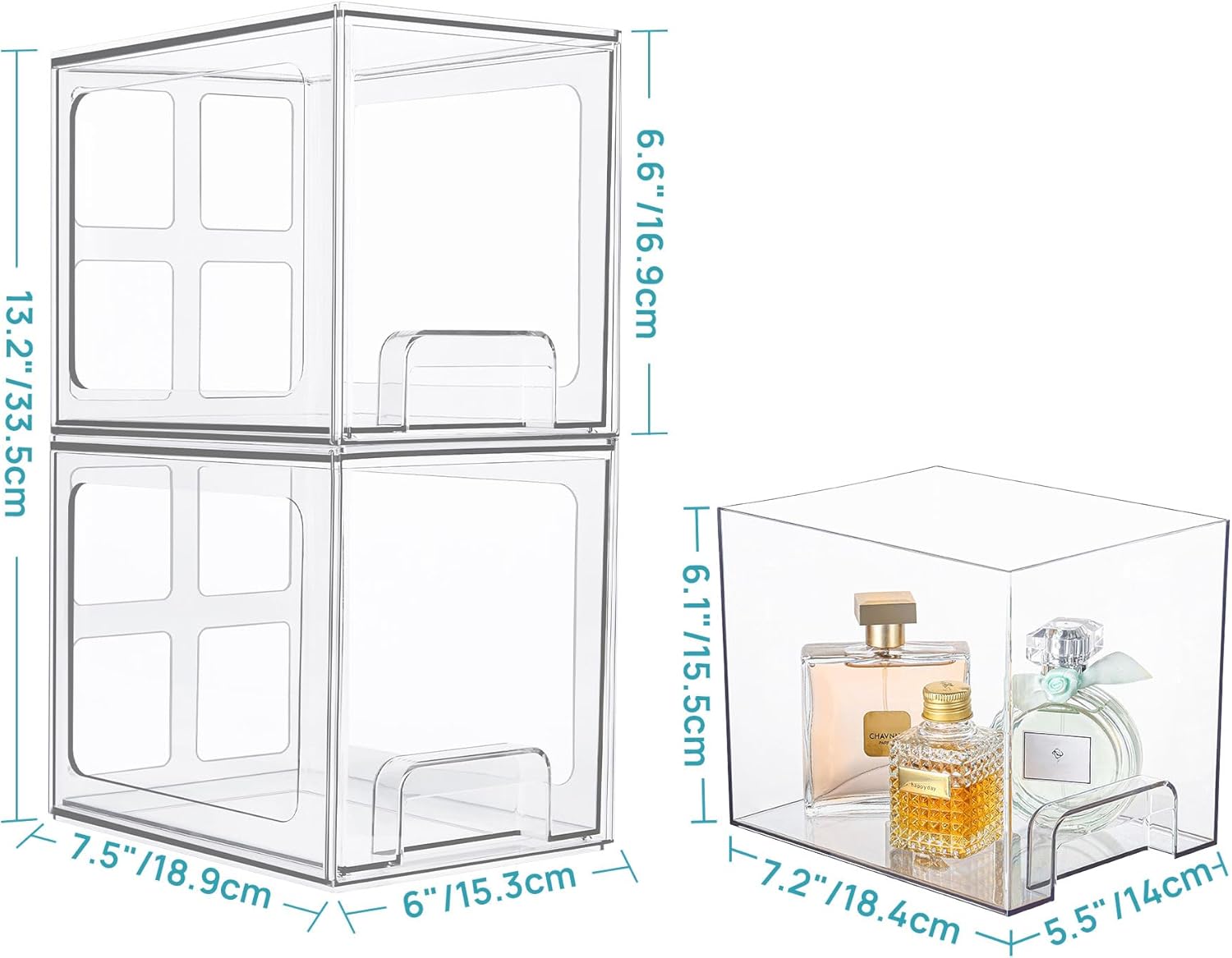 Vtopmart 4 Pack Stackable Storage Drawers, 6.6''Tall Acrylic Bathroom Makeup Organizers,Clear Plastic Drawers For Vanity, Undersink, Kitchen Cabinet,Pantry Organization and Storage