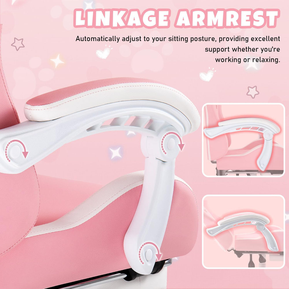 Pink Gaming Chair with Cat Ears & Footrest, Ergonomic Gaming Computer Des...