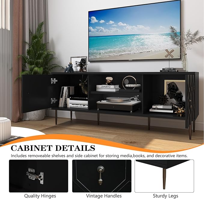 Modern TV Stand for 65/70inch TV, Entertainment Center with Storage Cabinet and Open Shelves, Embossed Pattern TV Stand, TV and Media Console for Living Room, Bedroom, Black