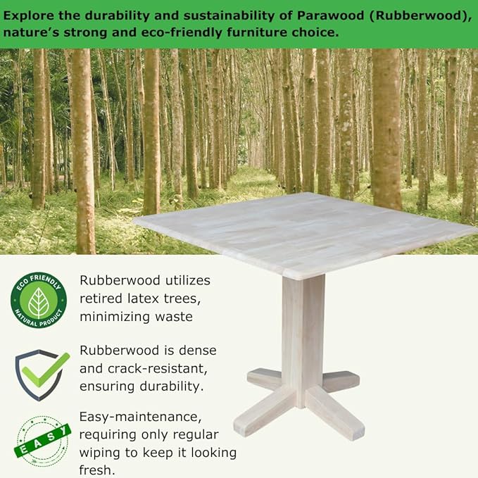 IC International Concepts 36" Square Dual Drop Leaf Dining Table Solid Real Wood, Sturdy Parawood, 36"W x 36"D x 30"H, Unfinished